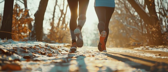 Legs of a running girl in sneakers during a morning workout in autumn