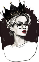 Fashion sketch of beautiful girl in crown vector illustration. Queen design on black background, Princess drawing