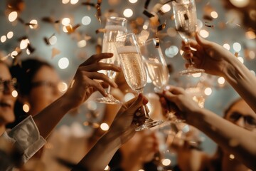 Hands clinking champagne glasses amidst glowing bokeh lights and festive confetti.