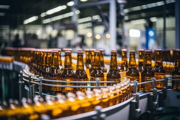 Brown glass beer bottles on brewery conveyor, modern production line for alcohol beverage manufacturing