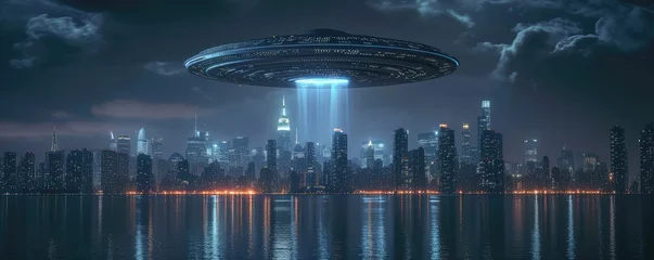 Gartenposter UFOs hovering above a modern city skyline © Juraj