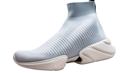 A pair of white sneakers resting on a white background