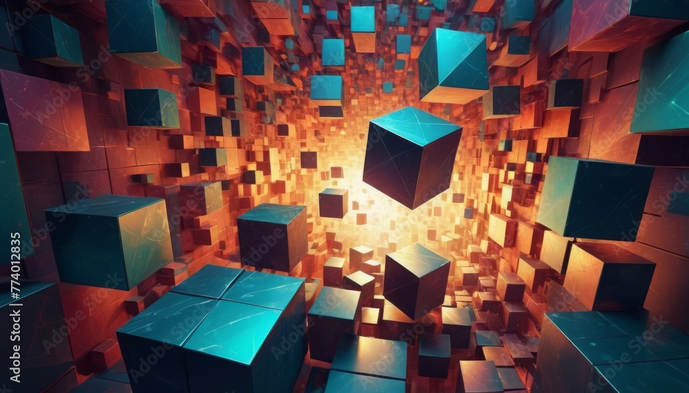 Poster an abstract scene of floating geometric cubes in warm and cool tones, emanating a sense of digital s