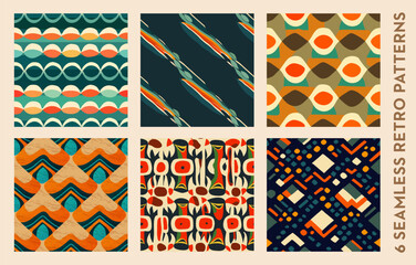 Set of seamless retro patterns, a touch of vintage flair to designs. Vector collection of six seamless retro patterns is perfect for adding a touch of vintage style to your designs.