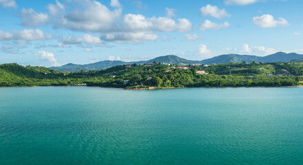 Antigua sea and mountain landscape, Antigua and Barbuda. 