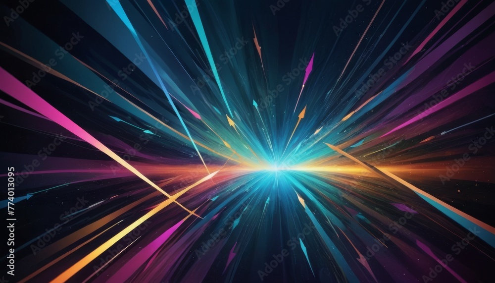 Poster a dynamic abstract representation of a cosmic burst, with vibrant rays of light speeding away from a