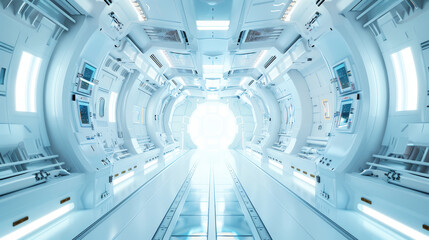 Futuristic hall corridor on spaceship. Light Interior of intergalactic ship. Space travel concept. Generative AI