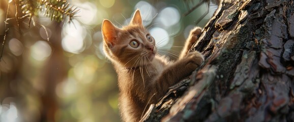 Brown cat climbing tree