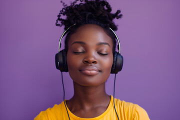 A contented young black woman in headphones, enjoying music with eyes closed, lost in the melody against a purple studio background.