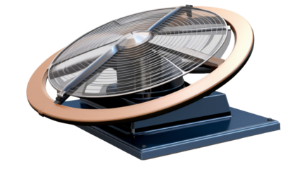 A vibrant fan twirls atop a sleek stand, ready to spread a refreshing breeze