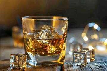 a glass of whiskey with ice and a bottle of ice on a wooden table