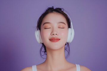 Asian girl enjoying music with closed eyes, headphones on purple background