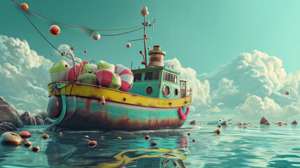 Surreal boat adorned with candy-colored monsters in the style of Lowbrow art - obrazy, fototapety, plakaty