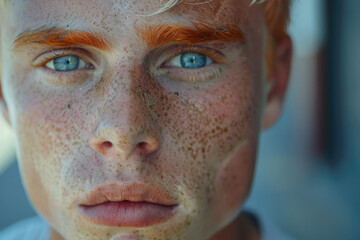 Fotografía de retrato de un hombre pelirrojo albino, ojos grandes azules, mirada expresiva, cara con pecas en la calle - obrazy, fototapety, plakaty