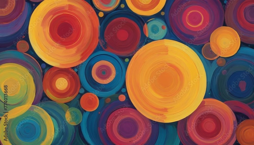 Poster an abstract painting evoking cosmic bodies with vivid circles in a harmonious and colorful compositi