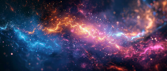 A colorful galaxy with blue, red, and orange streaks - obrazy, fototapety, plakaty