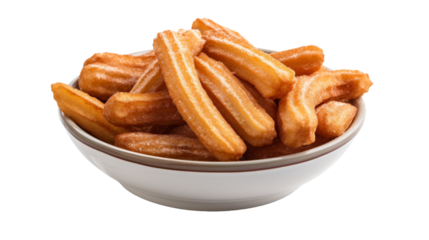 A decadent bowl of churros piled high on a clean, white background