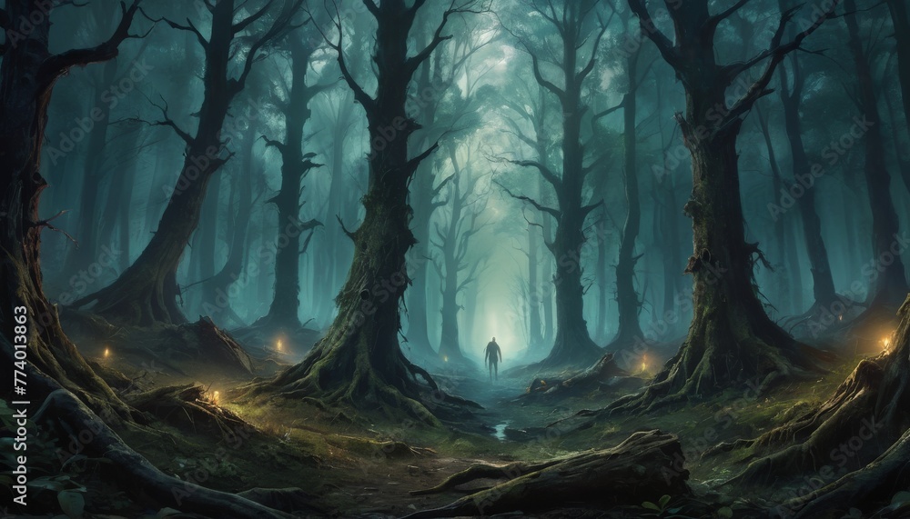 Poster an ethereal scene of a mystical forest path, lanterns glowing softly, with a silhouette of a person 