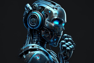 Artificial intelligence, a thinking robot in neon colors on a black background. 