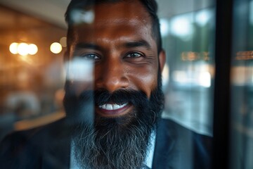 a man with a beard smiling - obrazy, fototapety, plakaty