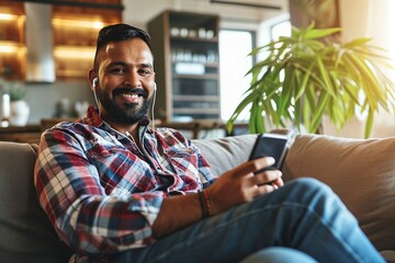 a man sitting on a couch with a phone in his hand