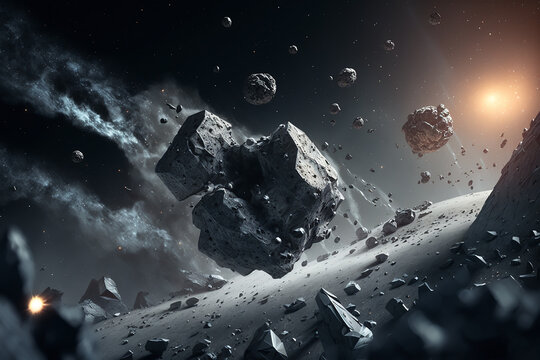 Asteroids in outer space, falling asteroids on the planet's surface. Cosmic background. 