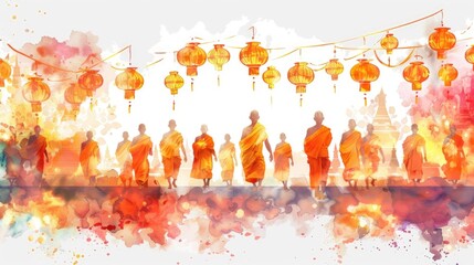 Songkran Festival banner with a watercolor scene of monks in orange robes, embodying peace and blessings with text Songkran Festival - obrazy, fototapety, plakaty