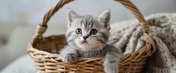 cute beautiful gray british kitten playing in a basket.