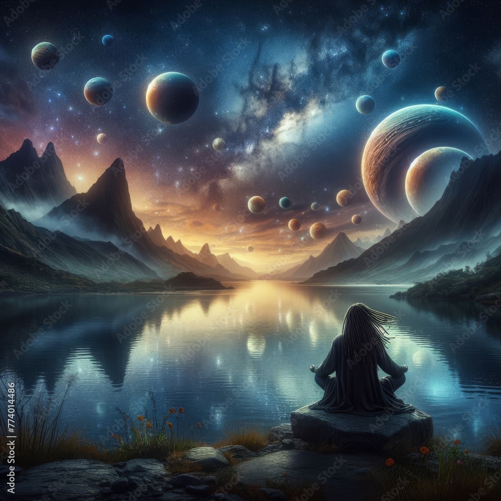 Poster a person in contemplation sits by a serene lake, gazing at a surreal sky filled with planets against