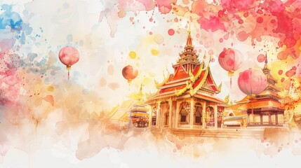 Banner of a watercolor painted Thai temple adorned for Songkran Festival, with text Songkran Festival - obrazy, fototapety, plakaty