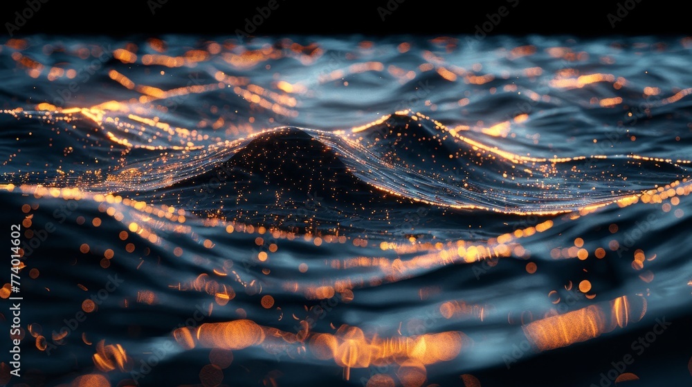 Poster a graph emerging from the ocean, with waves forming the lines and data points
