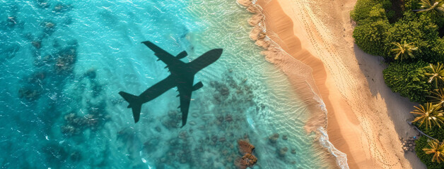 Fototapeta na wymiar Aerial View of Airplane Shadow Over Tropical Beach and Coral Sea