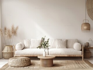 Minimalist modern living room with mockup wall interior background, Scandinavian style