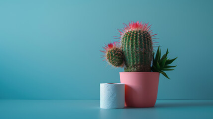 Vibrant Cactus and Speaker on Pastel Blue Background