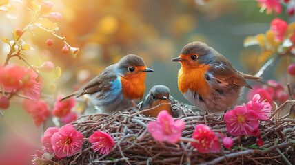 Songbirds in Bloom: Spring concept art features lively birds amidst blossoming flora. - obrazy, fototapety, plakaty