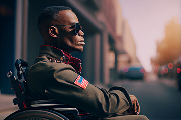 A dark-skinned young man, a military man, disabled in uniform and in a wheelchair on a city street. An American hero.  - obrazy, fototapety, plakaty