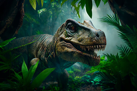 Dinosaur Tirex in the rain forest. Realistic image of the animals. 