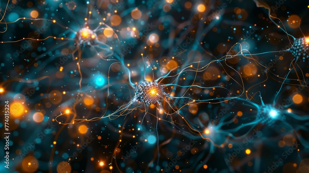 Poster an intricate network of luminous, interconnected nodes and lines