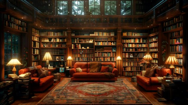 Library room cozy at night. seamless looping 4k time-lapse animation video background