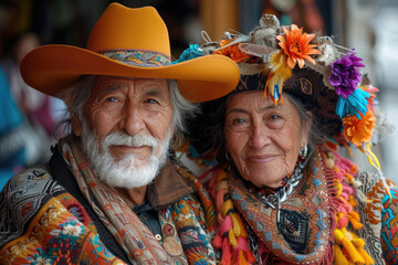 
Retrato de cuerpo completo de una pareja de vagabundos ancianos, con arrugas faciales exageradas, de constitución delgada. La imagen es muy colorida y presenta un realismo fantástico. 