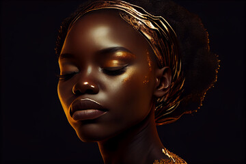 African woman, a dark-skinned woman with golden makeup. Art portrait. 