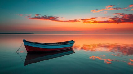 A tranquil sea reflecting the colors of the sunset