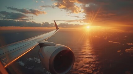 Fototapeta premium Aerial view of a sunset from an airplane window, showcasing the aircraft's wing and jet engine