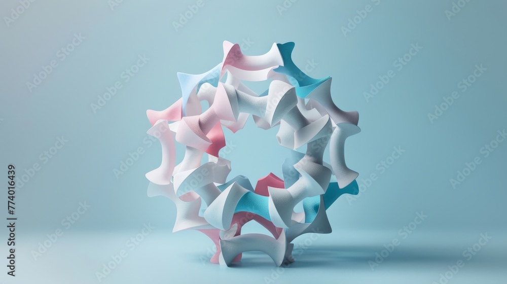 Poster a group of abstract, 3d shapes merging and combining to form a towering