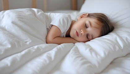 Obraz na płótnie Canvas Calm adorable little daughter take day nap. Tranquil preschool child girl covered with white fresh duvet lying in bed comfortable mattress on bedroom. Healthy enough sleeping, zzz, good night, concept