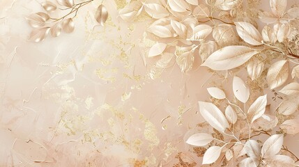 Abstract art painting of leaves in light beige and gold metallic colors, in the style of boho with glitter edges, on a pale pink background, with white flowers, with soft lines and shapes - obrazy, fototapety, plakaty