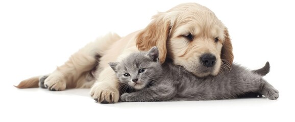Obraz premium Golden retriever puppy hugs a tiny gray kitten. isolated on white background