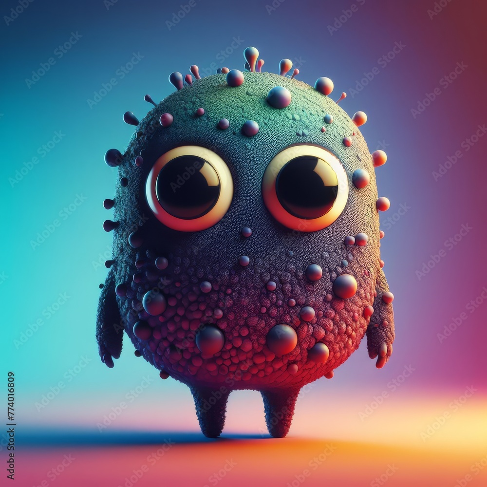 Poster a unique blue creature with a textured body and oversized googly eyes, set against a gradient backgr