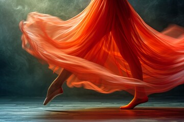 Close-up of a dancer's feet with swirling orange skirt in motion
