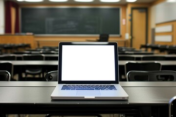 a laptop on a desk in a classroom